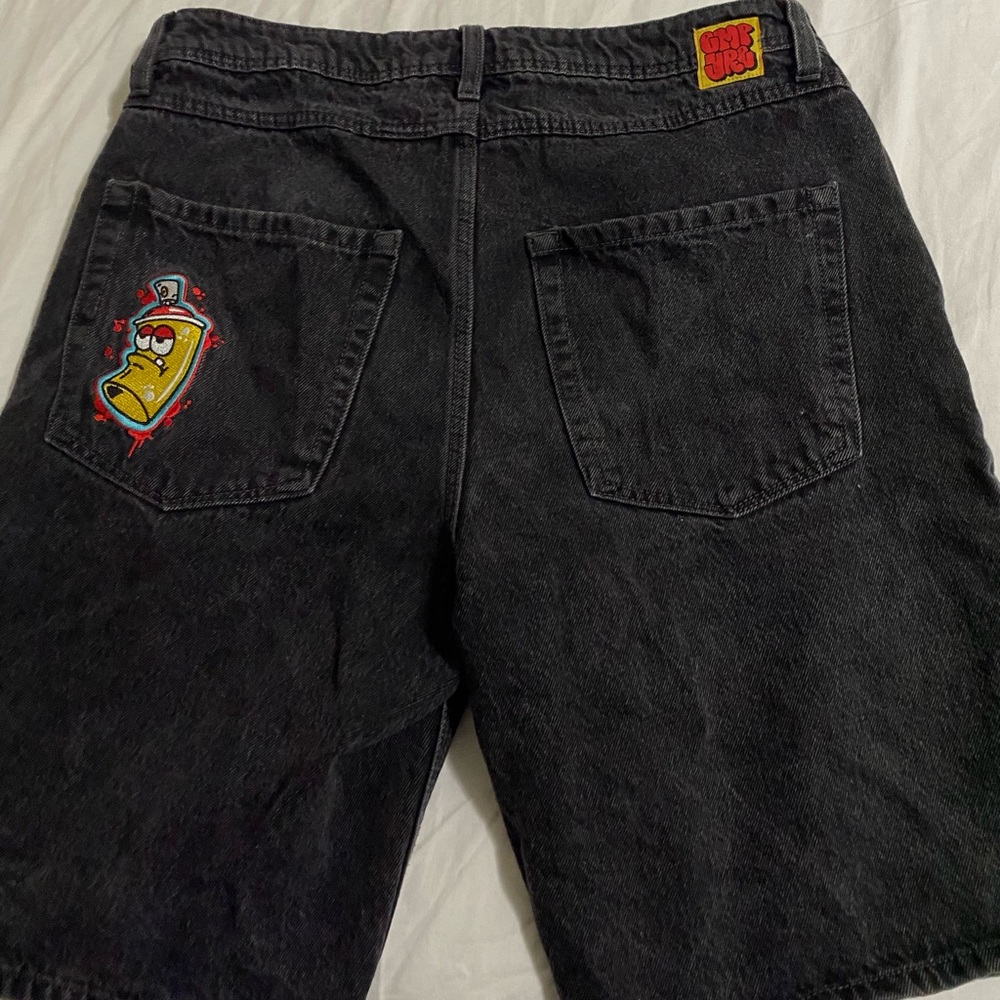 Black Denim Shorts with Graphic Patch